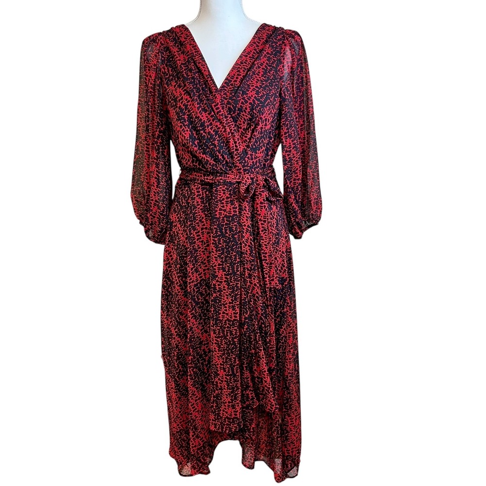 DKNY Red Black Midi Wrap Dress Sz M Print Long Sleeve Flowy Holiday‎ Party